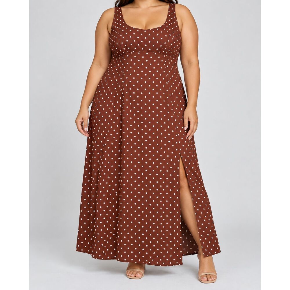 Fashion Nova Taylor Polka Dot Linen Maxi Dress Brown White 3X NWT Slit